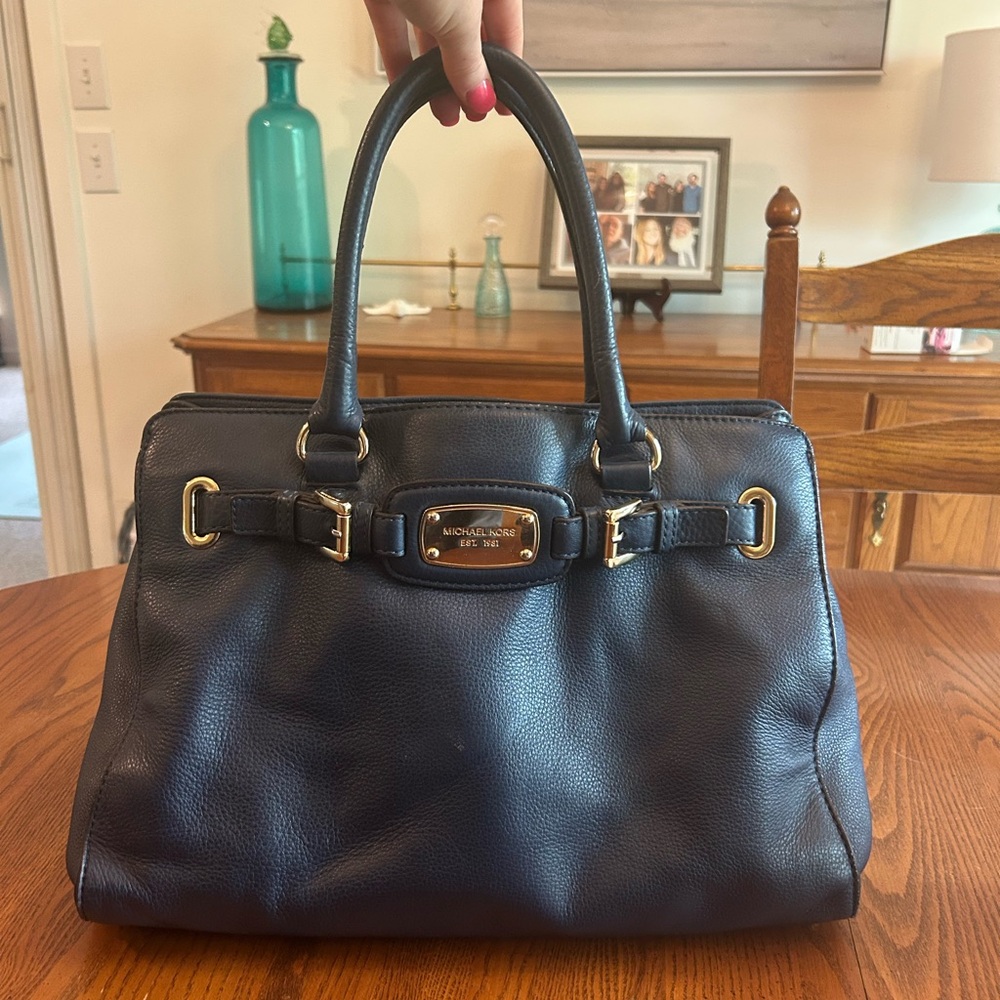 Michael Kors Dark Blue Leather Purse/Satchel with Gold